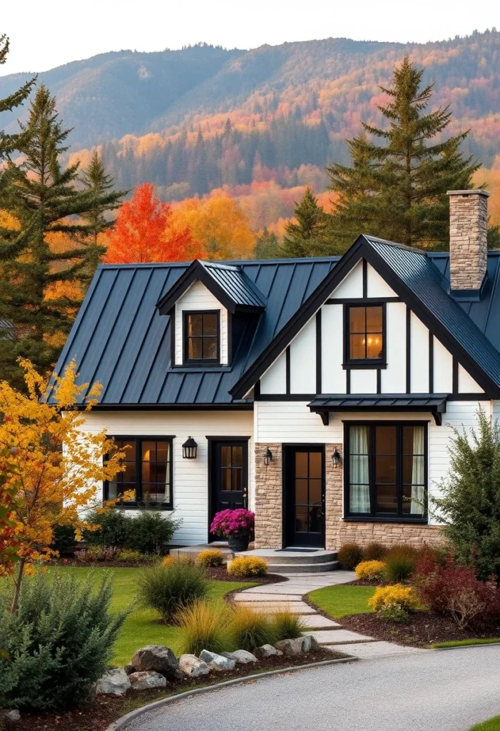 Tiny cottage with autumnal trees in background.