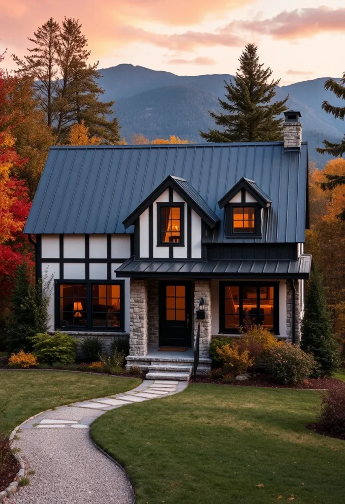 Modern farmhouse tiny cottage with stone accents and metal roof at sunset.