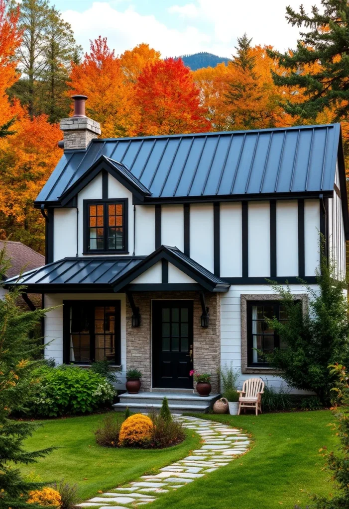 Farmhouse tiny cottage with black metal roof and stone pathway.