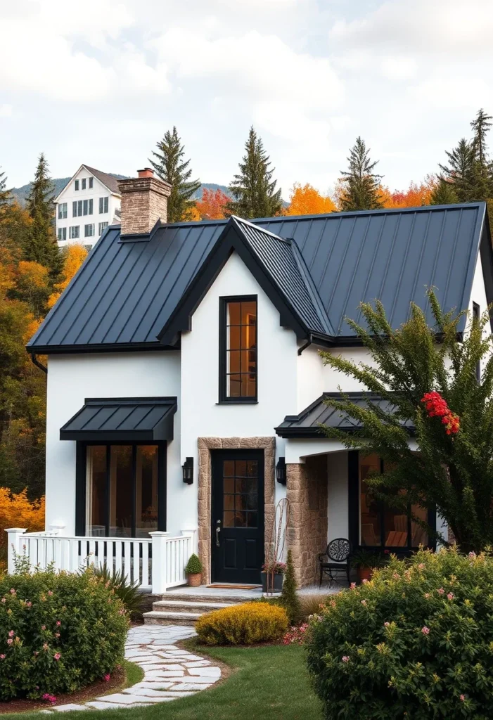 Modern tiny cottage with clean lines and dark trim.