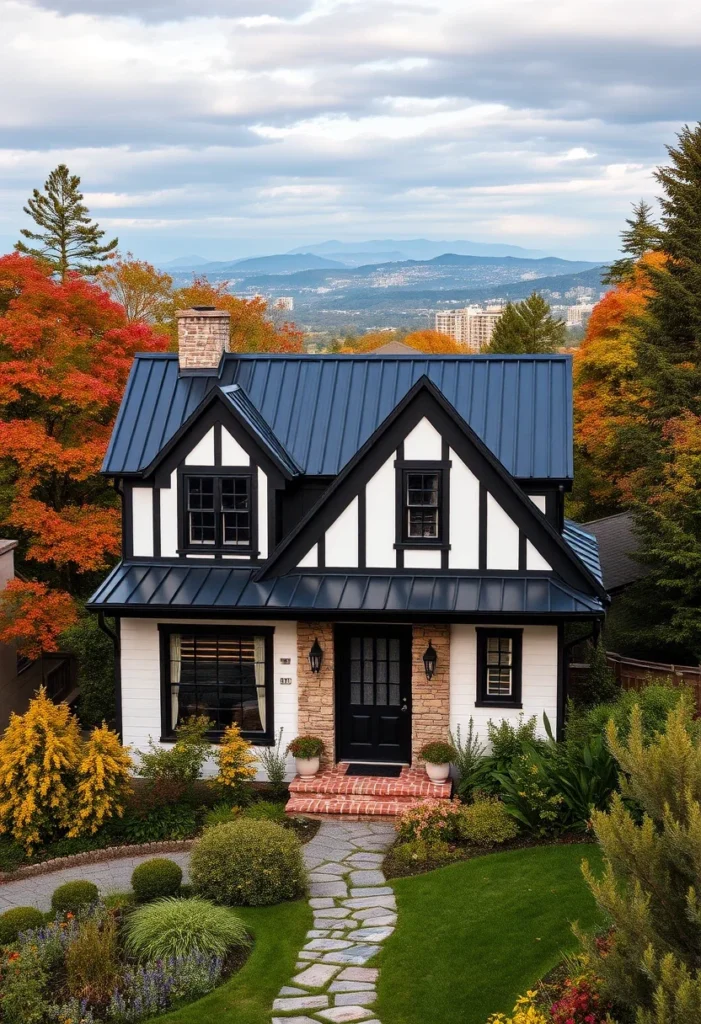 Modern farmhouse tiny cottage with metal roof and distant mountain view.