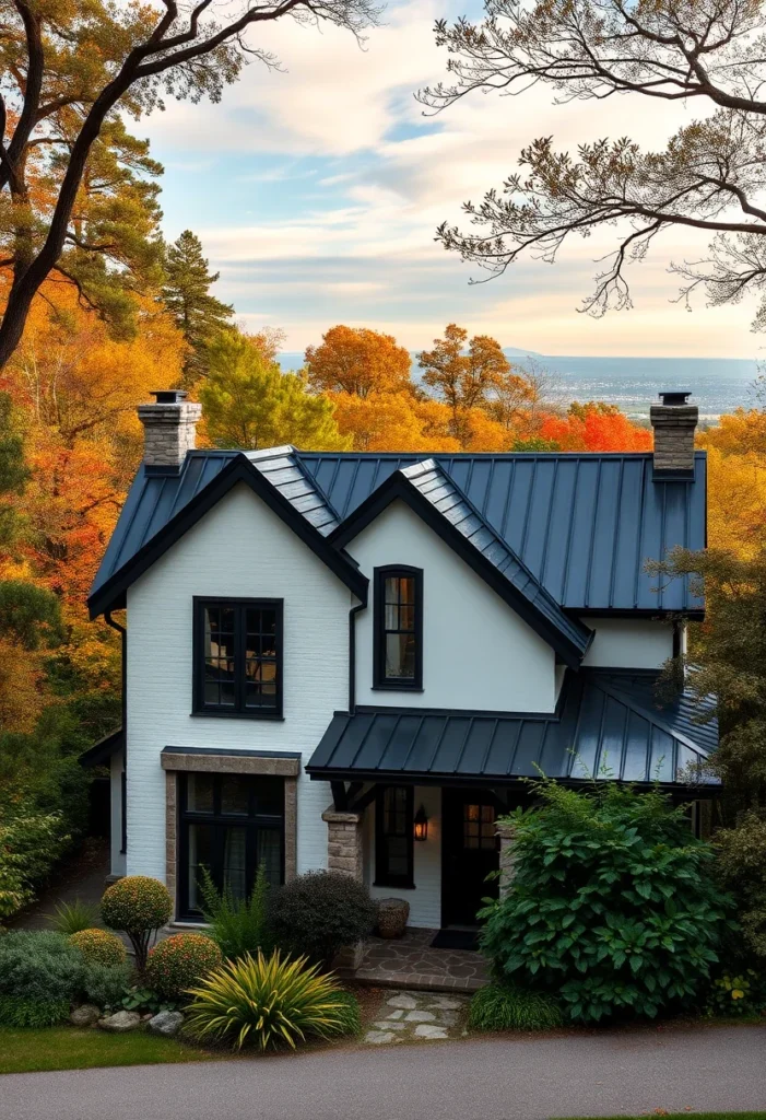 Elegant tiny cottage with multiple gables and metal roof.