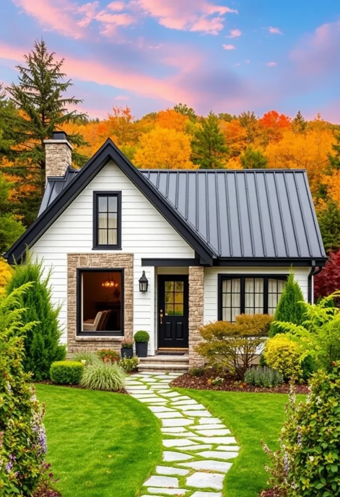 Tiny cottage with well-manicured landscaping and stone pathway.