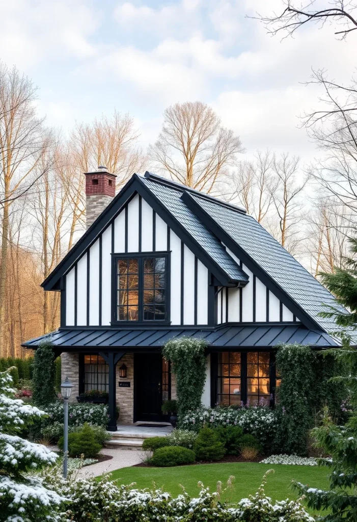 Tudor-style tiny cottage with half-timbering and snow. tiny cottage designs