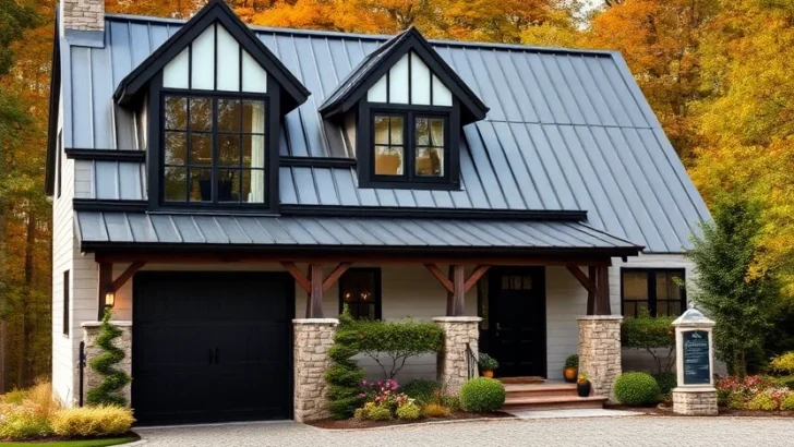 Modern mountain tiny cottage with metal roof and large windows.