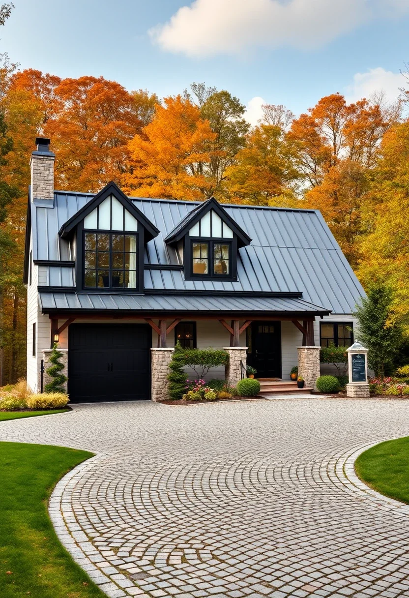 Modern mountain tiny cottage with metal roof and large windows.