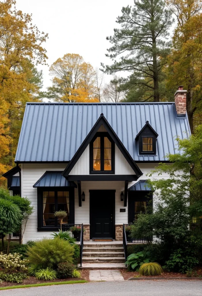 Tiny cottage with steeply pitched gable roof and dark trim.