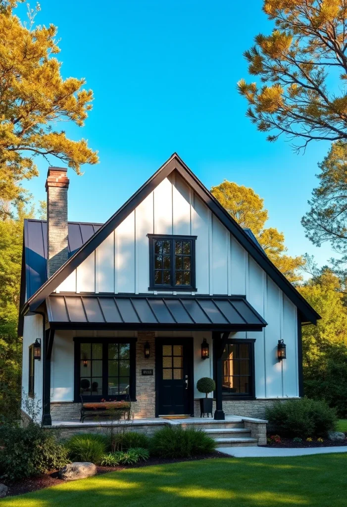 Tiny farmhouse cottage with board and batten siding.