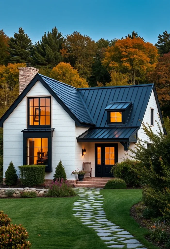 Modern farmhouse tiny home with large windows and metal roof.