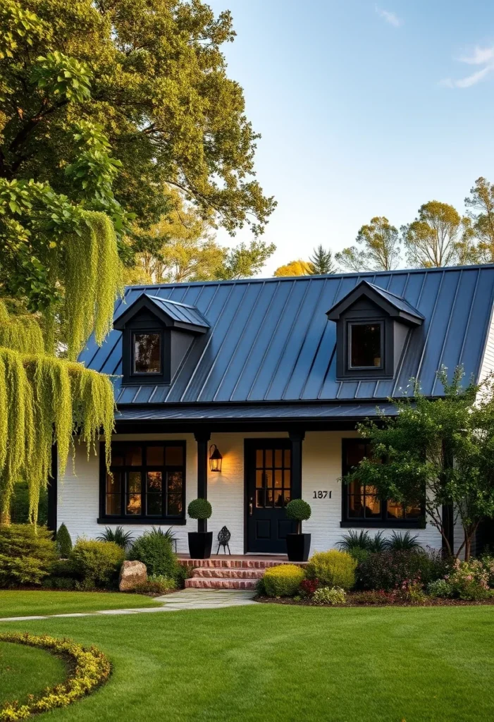 Tiny cottage with dormer windows and lush landscaping.