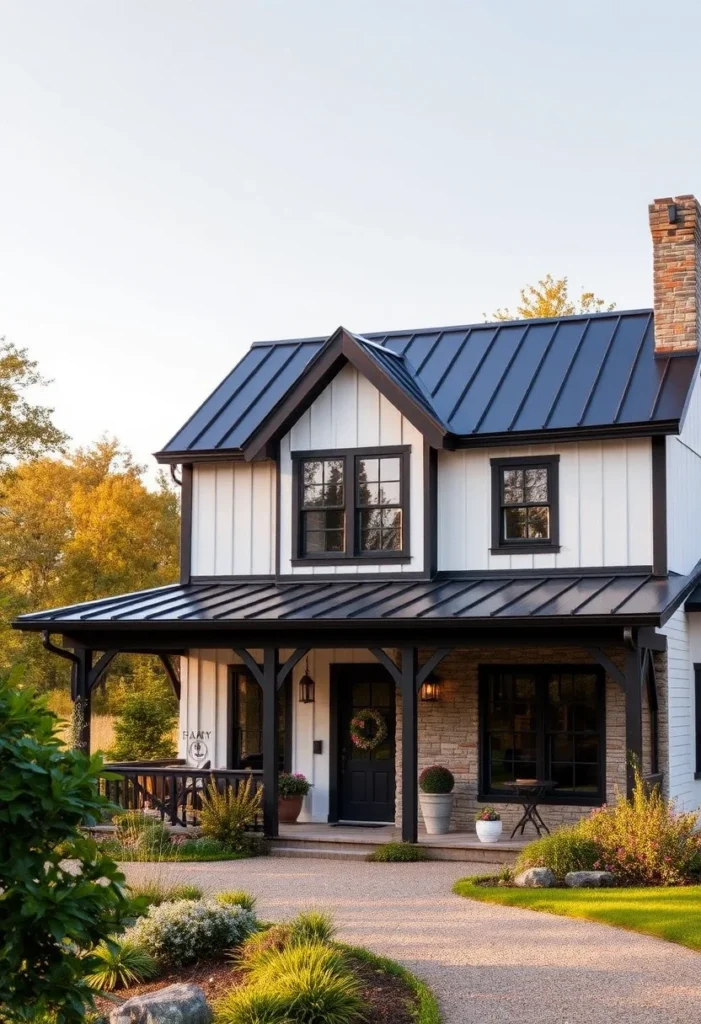 Farmhouse tiny cottage with wrap-around porch and stone foundation.