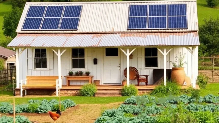 White farmhouse tiny house with solar panels, large garden, and chickens.