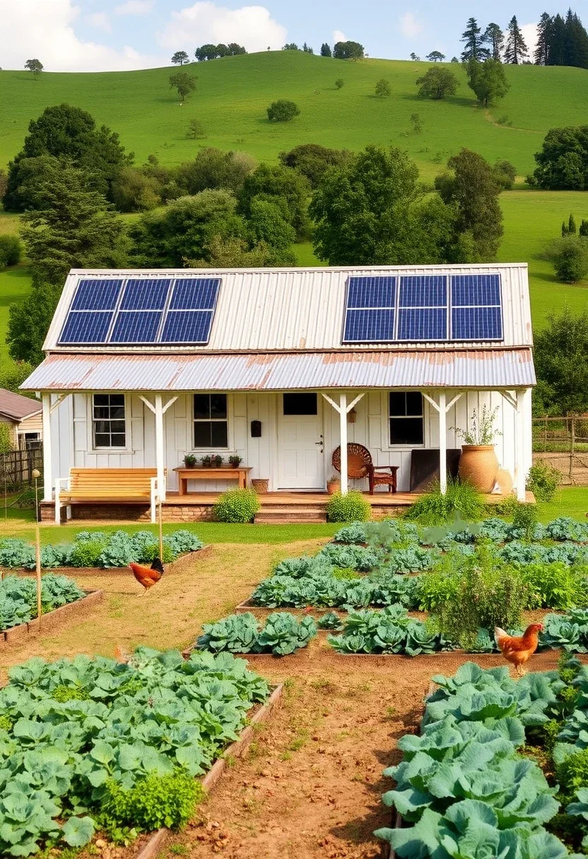 White farmhouse tiny house with solar panels, large garden, and chickens.