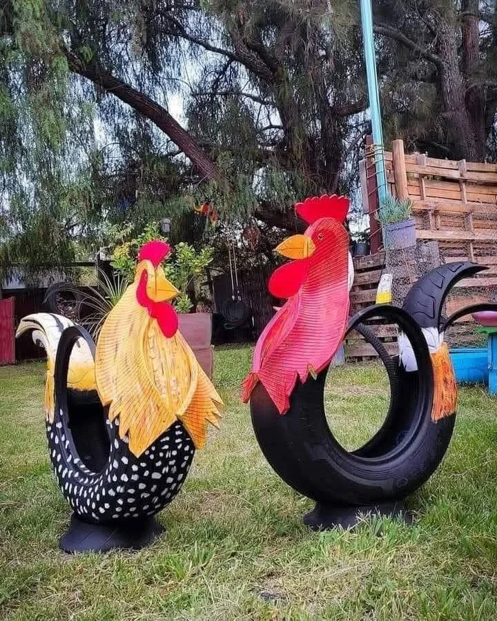 Upcycled tire pet bed with colorful cushions.