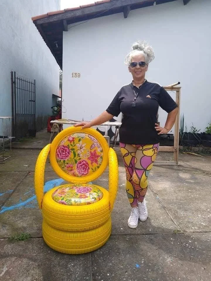 Collection of upcycled tire ottomans in various colors and patterns.