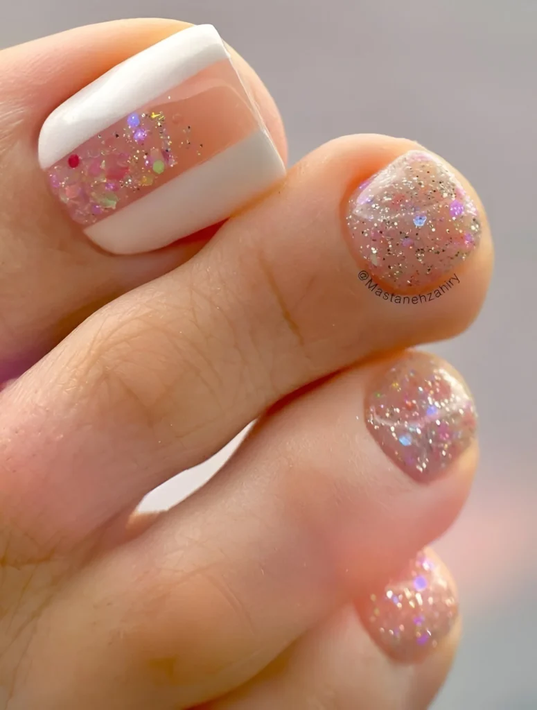 French tip toe nail design with glitter and sheer pink polish, feminine pedicure.