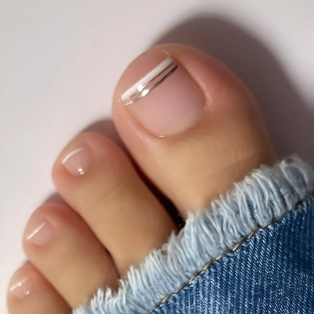 Sheer pink toe nail design with thin white and silver lines, minimalist pedicure.