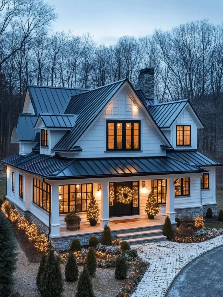 White Farmhouse with Black Trim and Metal Roof