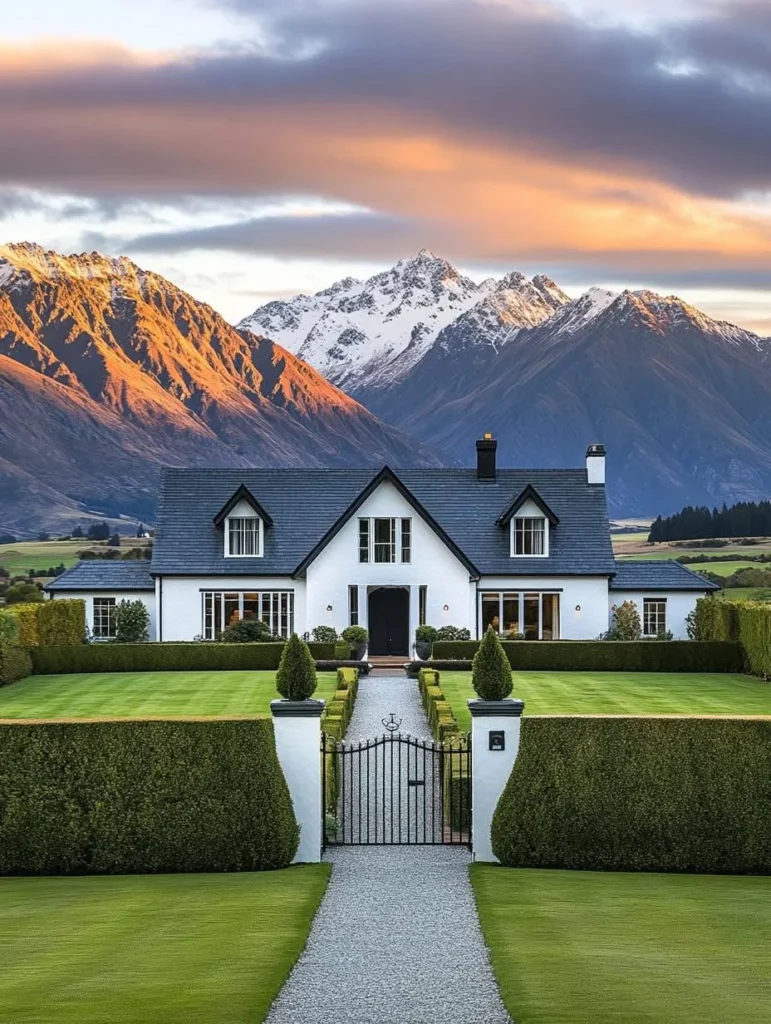 Elegant Farmhouse with Mountain Backdrop