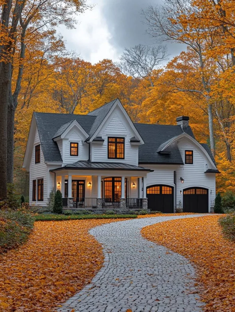 White Farmhouse with Fall Foliage Setting