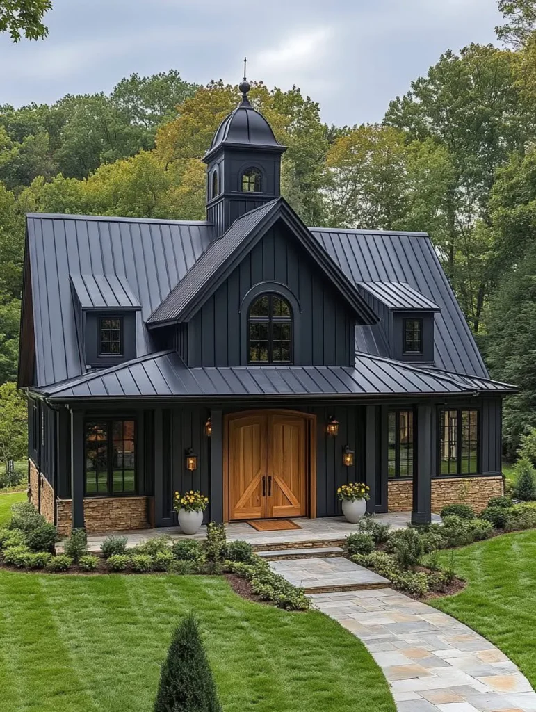 Dark Modern Farmhouse with Metal Roof and Cupola