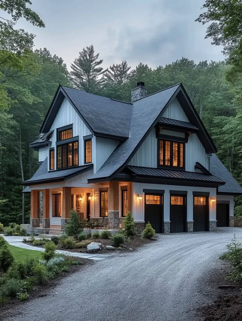 White Modern Farmhouse with Wood and Stone Accents