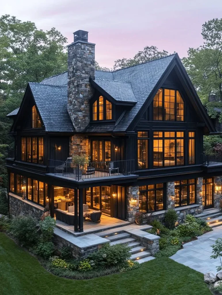 Dark Modern Farmhouse with Stone Chimney and Deck