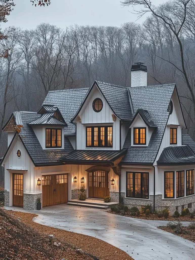 White Modern Farmhouse with Round Windows and Wood Doors