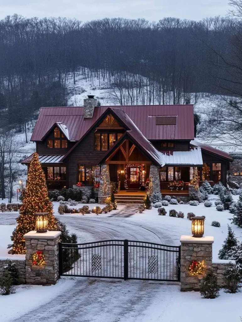 Rustic Wood Farmhouse with Red Metal Roof in Snow