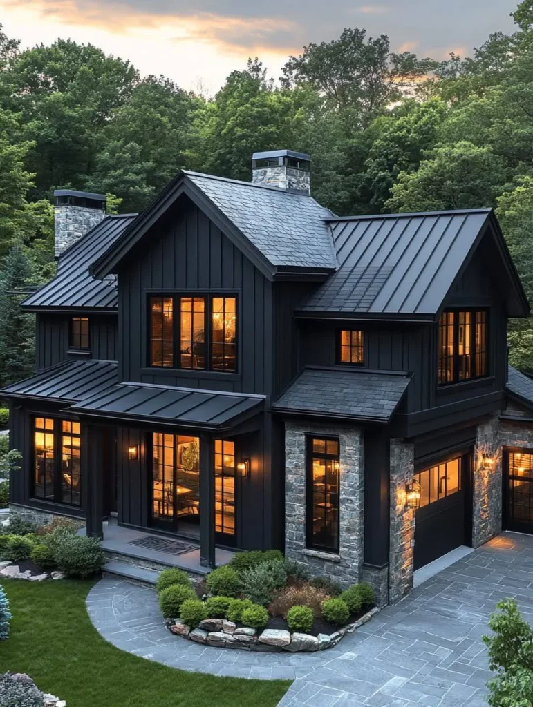 Black Farmhouse Home Design with Stone Accents