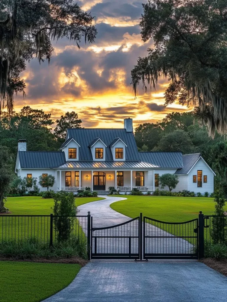 White Farmhouse Design with Gated Driveway