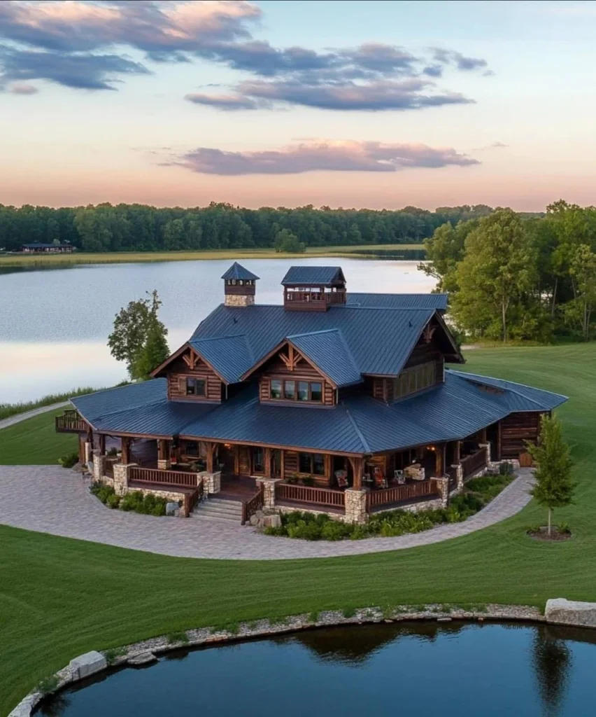 Log Farmhouse Design with Lake Views