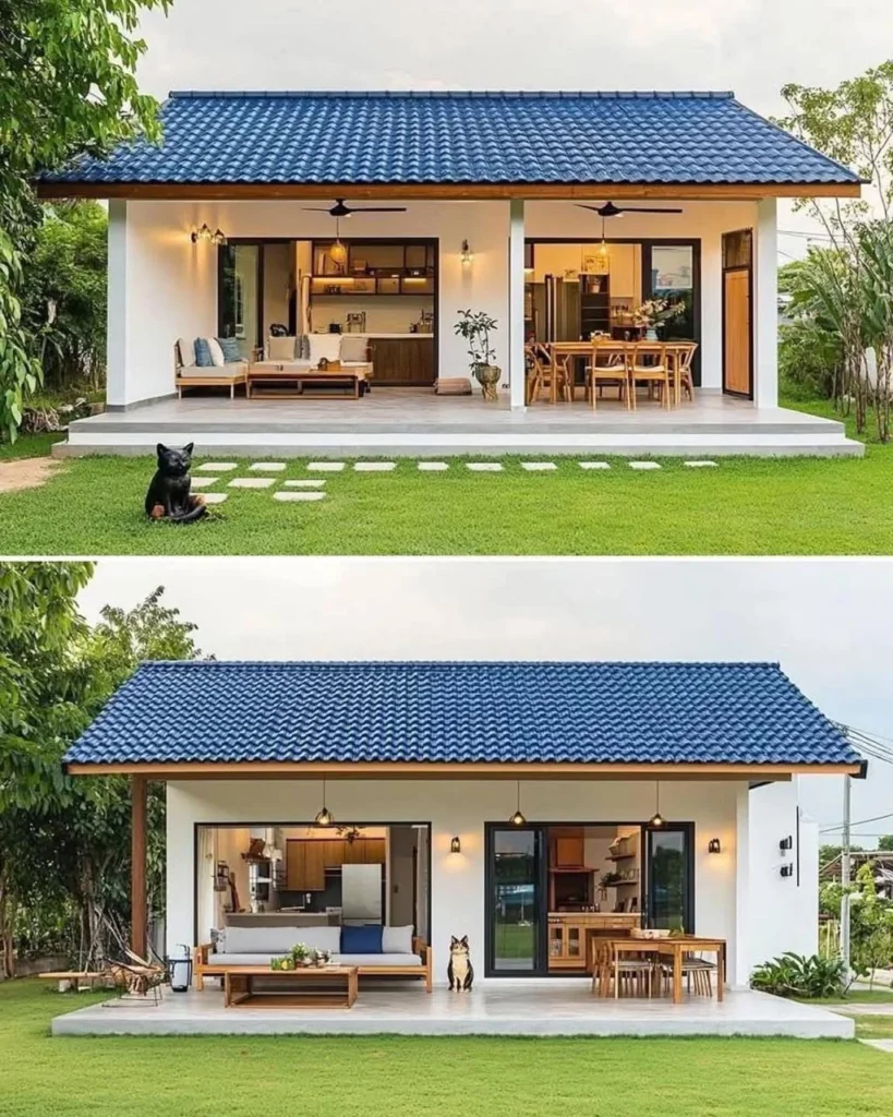 Small tropical home with open-concept design, blue roof, and large sliding glass doors, maximizing indoor-outdoor living.

