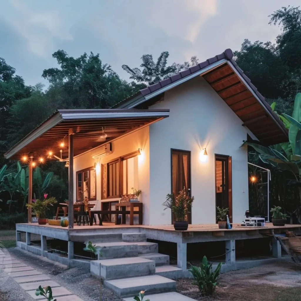 Small tropical home featuring an expansive wrap-around deck, ideal for outdoor living, with an open-concept interior design.