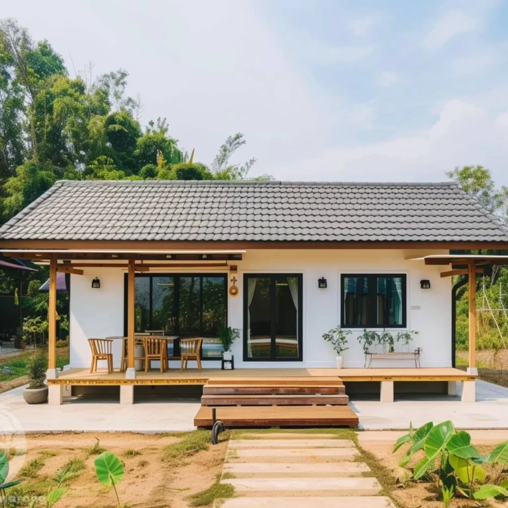 Simple and airy small tropical home featuring open-concept design, a welcoming front patio, and large windows for natural light.