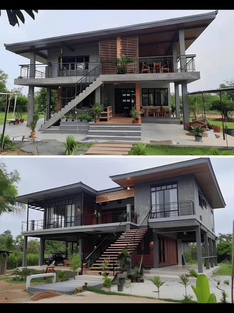 Modern two-story small tropical home on stilts with open-concept design, large windows, and balcony for enhanced views and ventilation.