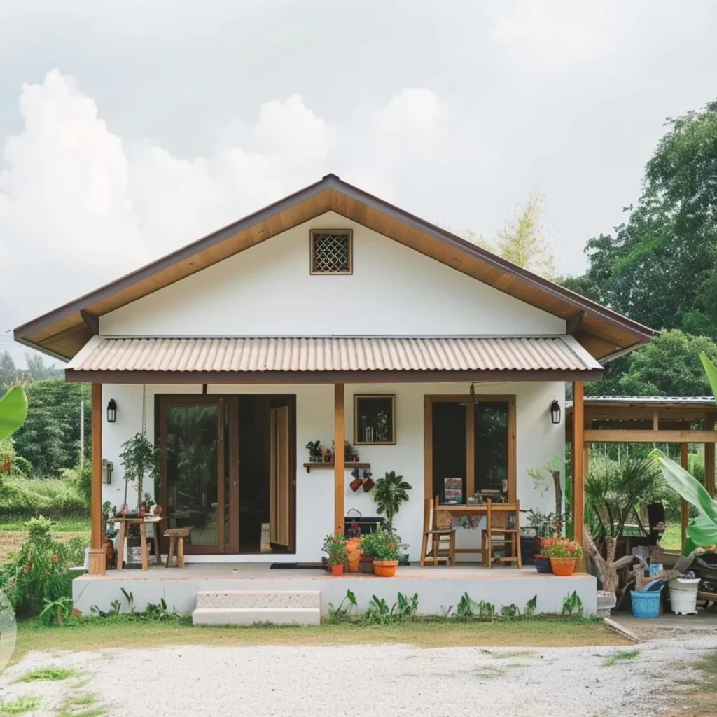 : Cozy small tropical cottage with inviting front porch, open-concept living space, and large glass doors for a bright and airy feel.