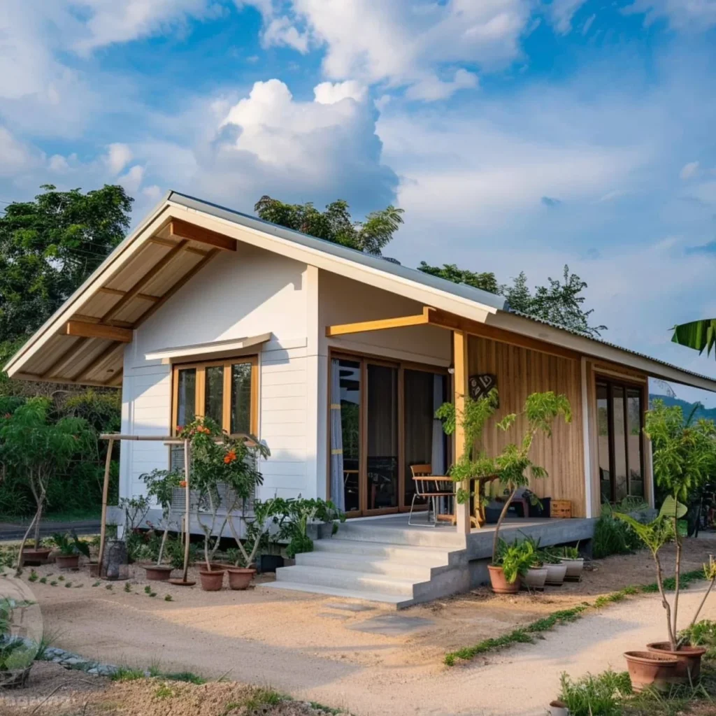 Small tropical home blending modern and rustic elements, featuring an open-concept design with abundant natural light and ventilation.