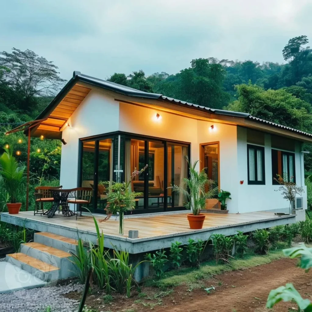 Small tropical home nestled in nature, featuring a large deck and open-concept living space for immersive indoor-outdoor living.