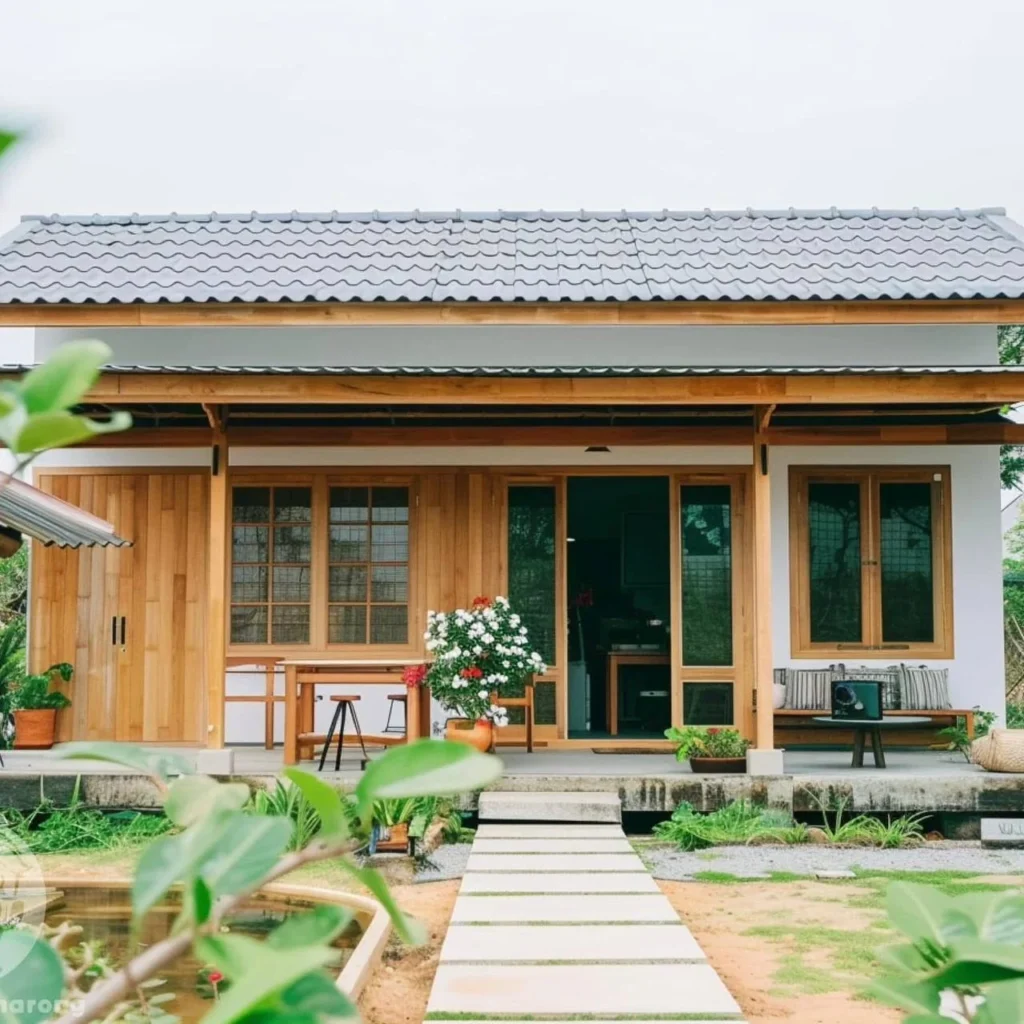 Small tropical home with a blend of wood and white elements, featuring an open-concept design and large windows for natural light.