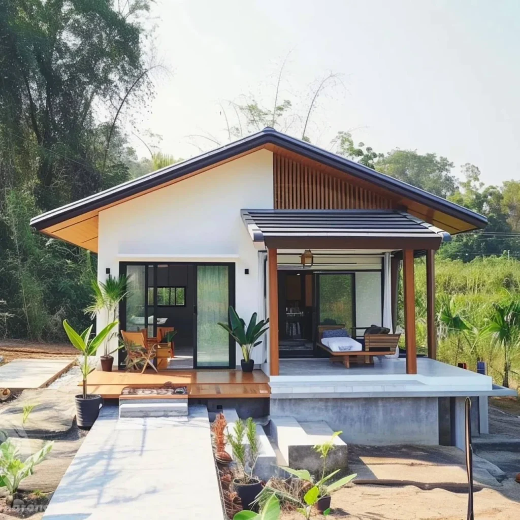 Small tropical home with multiple outdoor living spaces, featuring an open and airy design with seamless indoor-outdoor transitions.