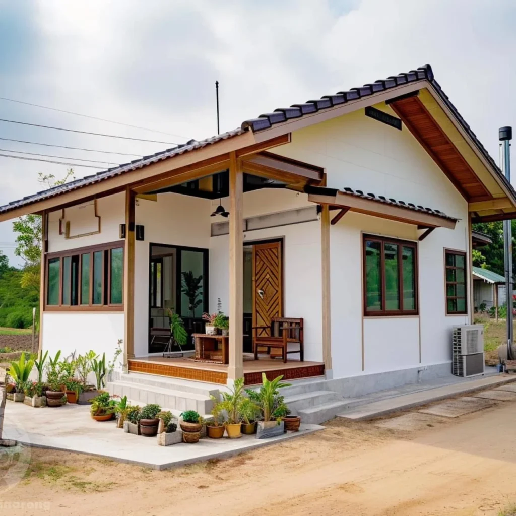 Classic small tropical home design with a pitched roof, covered porch, and open-concept interior, emphasizing natural light and comfort.