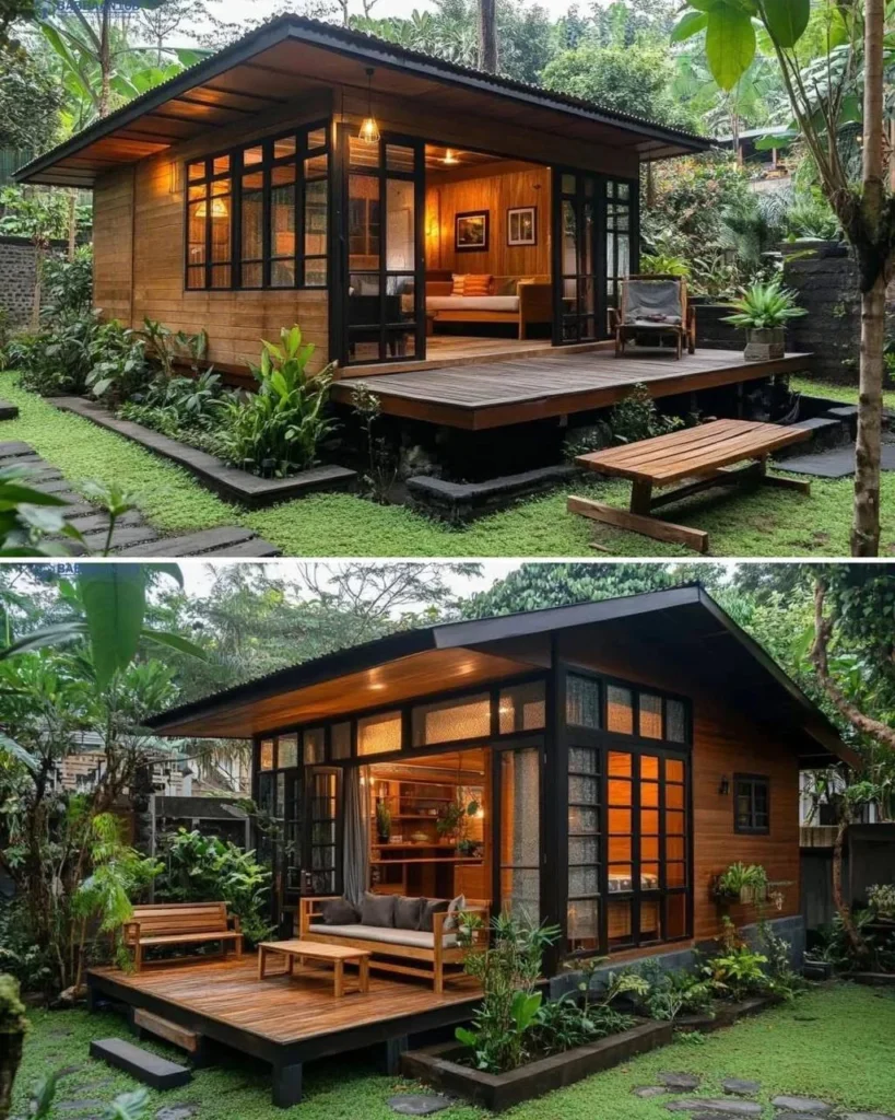 Small wooden tropical home featuring airy design with glass doors and an extended deck for immersive nature experience