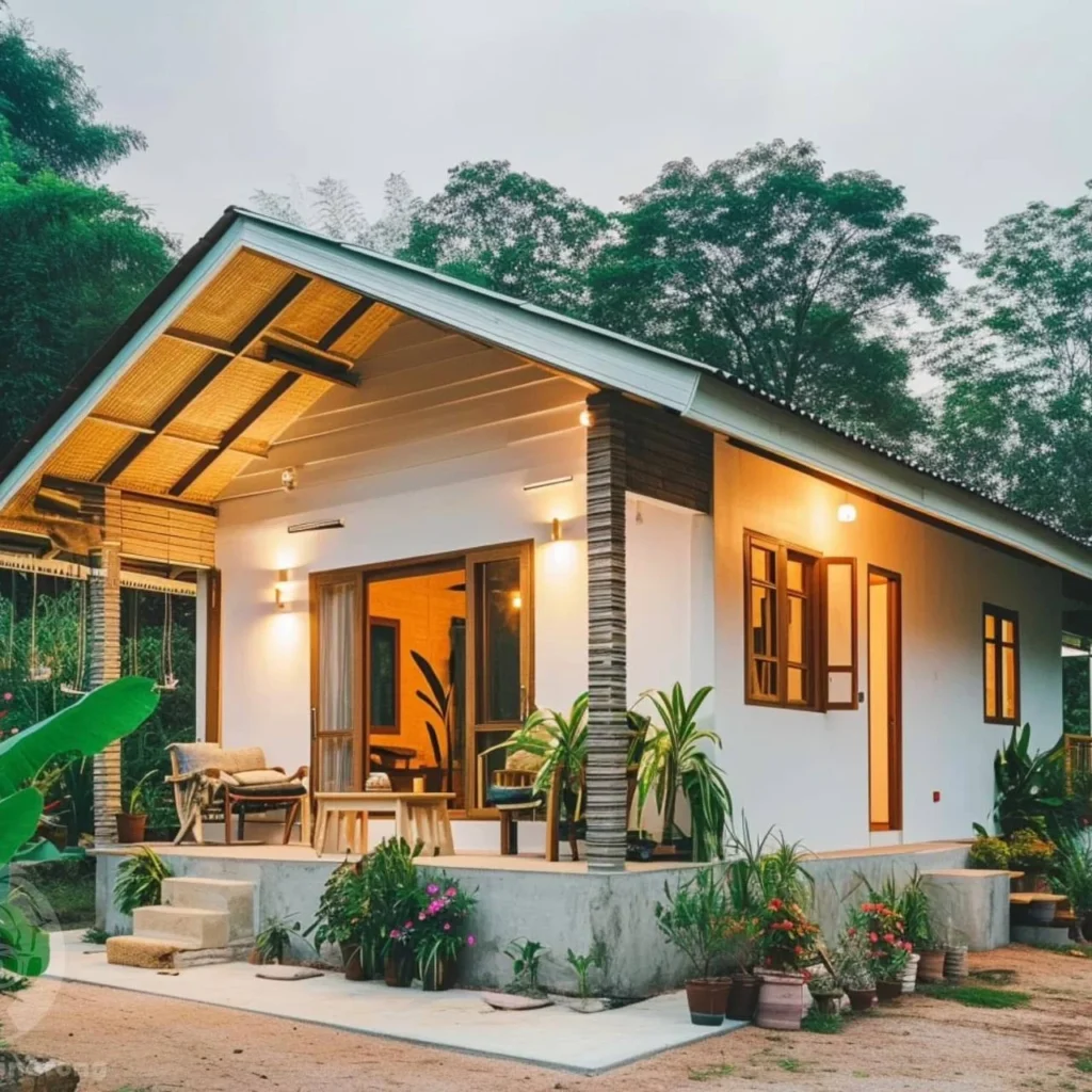 Small tropical home featuring warm lighting, open-concept design, and large windows, creating a cozy and inviting ambiance.