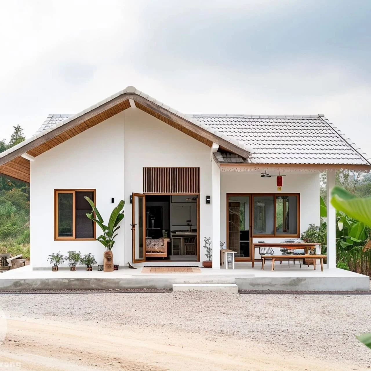 Bright and airy small tropical home featuring an open-concept design, folding glass doors, and a spacious patio for seamless indoor-outdoor living.