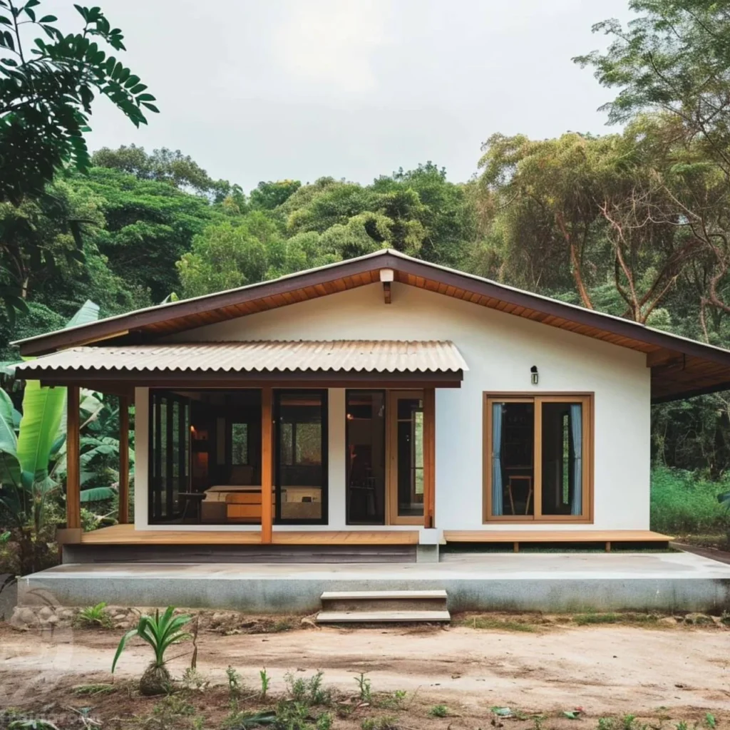 Small tropical home design featuring open-concept living, blending rustic elements with natural surroundings for a serene living space.