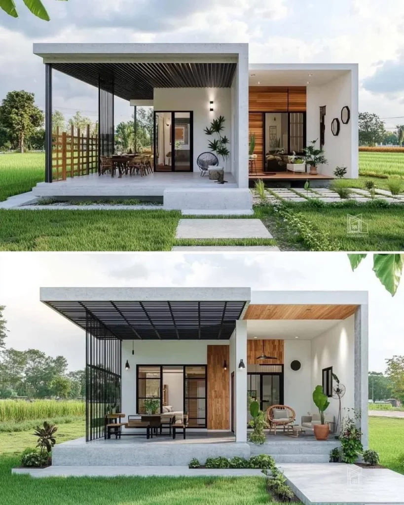 Minimalist small tropical home with airy open concept, featuring an outdoor dining area and seamless indoor-outdoor transition.