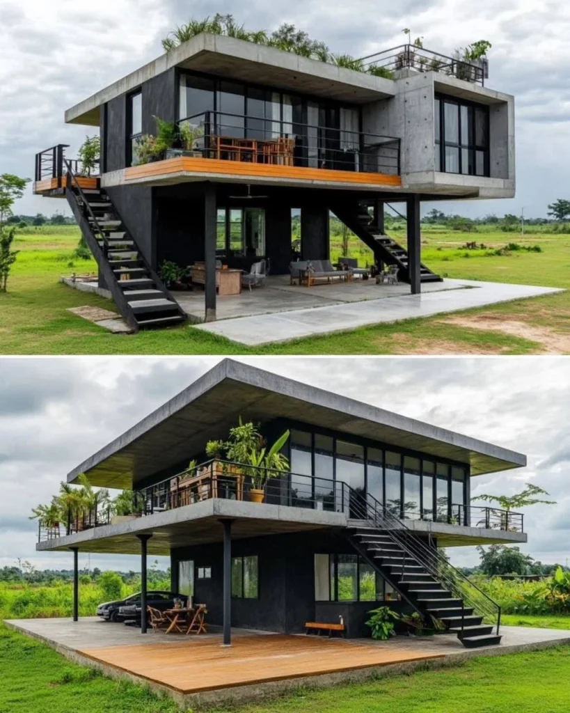 Elevated small tropical home on stilts, featuring open-concept design and floor-to-ceiling windows for panoramic views.