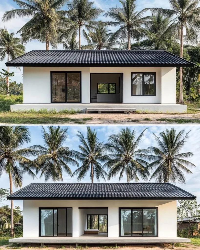 Simple small tropical home design with black roof, white exterior, and open layout for optimal natural light and airflow.