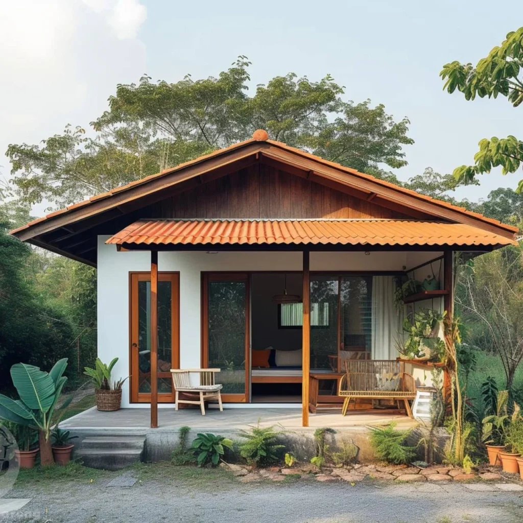 Airy small tropical home with pitched roof, open patio, and large glass doors, integrating indoor and outdoor living spaces.